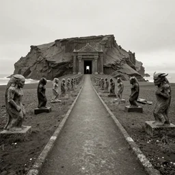 Old photograph of ancient pathways on a beach on the north of iceland and roads into hell lined with stone humans and demons, ending at an unknown gateway deeper into hell, photorealistic, detailed, intricate