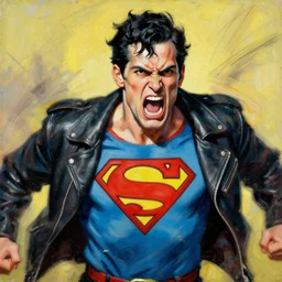 angry joe screaming, superman shirt, leather jacket, painting by phil hale, fransico goya,'action lines '!!!, graphic style, visible brushstrokes, motion blur, blurry