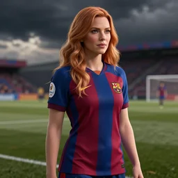 Christina Hendricks with fc Barcelona kit, digital art, 3d render,