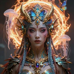 eldritch goddess close-up portrait tribal princess, high tech, cyberpunk, dystopian, jellyfish phoenix dragon, butterfly squid, burning halo, intricate artwork by Guy Denning, very coherent symmetrical artwork, cinematic, hyper realism, high detail, octane render, unreal engine, 8k, Vibrant colors, Smooth gradients, High contrast, depth of field,