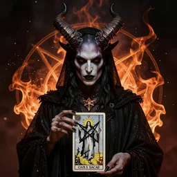 Satanic Carl Sagan, Dark lord of Hell. Portrait. Evil personified. Occult. Tarot. Upside Down Pentagram. horns. flames