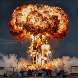 ultra realist soft painting of a nuclear bomb explosion, partial symmetry accurate features, very intricate details, focus, award winning, artstyle tom bagshaw