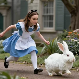 Keira Knightley as alice in Wonderland chasing the white Rabbit, hyperrealistic, highly detailed, depth of field, High definition, 8k,  octane render, artstation