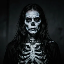 a threatening person with a skeleton painted on his skin, a painted skeleton man, an unsettling picture, a scene from a horror movie