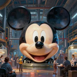 a giant mickey mouse head on factory floor surrounded by people