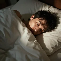 A photograph of an adult lying in bed, with the covers pulled up to their chest. They are looking at the camera with a tired expression, and their eyes are drooping. Their hair is disheveled, and they look like they are about to fall asleep.