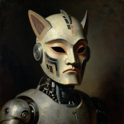 a baroque portrait painting of a robot wearing an intense futuristic tribal mask. pulp sci - fi art for omni magazine. high contrast. dark background. baroque period, oil on canvas. renaissance masterpiece. muted colors, soft gradients. trending on artstation. retrofuturism.