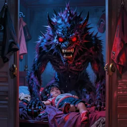 in the style of Steve Niles and Ayami Kojima:: monster red eye sharp teeth spiky fur:: bedroom:: closet:: kid in bed:: horror:: blue, red, purple, black:: realistic
