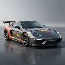 porsche cayman in need for speed most wanted. the car has a big spoiler and a dragon vinyl