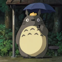 A female Retzling with short blond air, standing with big Totoro at a japanese bus stop, holding an umbrella, in the dark forest, rainy night, film screenshot, Studio Ghibli, Hayao Miyazaki,trending on artstation,