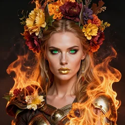 portrait of a beautiful viking cyborg warrior woman on fire, green eyes, gold lips, entwined in colourful lush flowers and fire, crown of fire, highly detailed, volumetric lighting, intricate time machine, decadent, highly detailed, octane render, concept art, smooth, sharp focus, hyper - realistic
