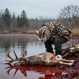 The owl man drinking with the deer dead in the blood lake by his feet