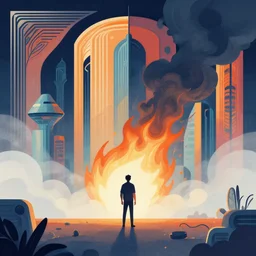 ( ( dither ) ), editorial illustration. of a lone man standing in habitat 6 7, burning, smoke, fog, modern art deco, colorful, mads berg, karolis strautniekas, halftone dots, rich grainy texture, finely detailed, dynamic composition, wide angle, risograph, unreal engine, ( ( sunbeams ) )