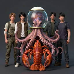zoological portrait of a human octopus & lobster by kuldar leement and ruan jia and brad rigney and micha karcz and brad rigney 0. 0 0 4, symmetrical fullbody, and the helmet is fishbowl, suehiro moaruo, katsuhiro otomo, shintaro kago, cgsociety, octane render, ambient light