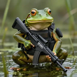 professional photograph of an anthropomorphic frog wearing a kevlar vest and holding a black rifle in a swamp, 8 k, very intricate, very detailed, serious,