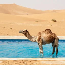 a camel climbing into a swimming pool in the sahara desert