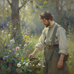 steve buscemi gardening. gouache fairytale art, russian romanticism, muted palette, backlighting, depth of field