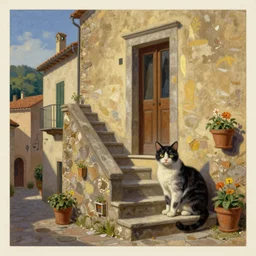 a beautiful painting of a cat, sitting on the outside stairs of an house in a characteristic village in the south of Italy, Botero style, postcard, vintage
