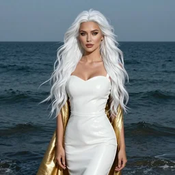 portrait of a beautiful kabardian woman, with long white hair, in a white leather dress, standing in the middle of the ocean, very beautiful style, she is wrapped in gold, photorealism john singer sargent edgard maxence