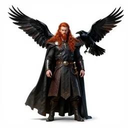 red-haired odin with ravens, high detail digital art, full body, standing, isolated on a pure white background, centered, whole figure in frame, sharp focus, studio lighting