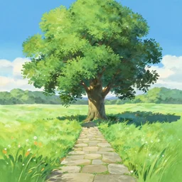 cute ash tree, stone walkpath landfield, gouache matte painting by dreamworks studio makoto shinkai