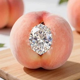 side view close up of a a beautiful large ( peach color ) diamond in a peach. the ( delicious ripe juicy ) peach contains a diamond. the peach is on a cutting board. bright 6 5 0 0 k product lighting, refraction, 8 k, 4 k, high quality