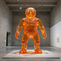 huge transparent orange jell strange morph form in style by anish kapoor, in the parts by shih chieh huang, with wires in a large minimal concrete exhibition hall