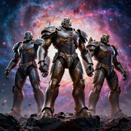 movie still frame, giant armored titans standing on and asteroid, epic pose, a psychedelic nebula in the background, beautiful composition, 8 k, cgi, by ridley scott, zack snyder and michael bay