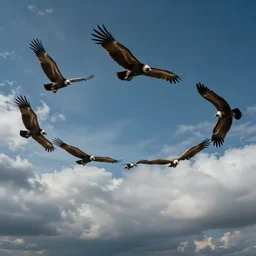 a group of flying griffin vultures forming a circle in the distance. blue sky. clouds. avila. 4 k, concept art, by wlop, ilya kuvshinov, artgerm, krenz cushart, greg rutkowski, pixiv. cinematic dramatic atmosphere, sharp focus, volumetric lighting, cinematic lighting, studio quality