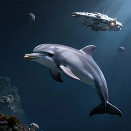 there is a creature like a demonic dolphin in the space following a spaceship, hyper realistic