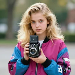 high school girl in the 1980s with big blonde hair, wearing a magenta and cyan bomberjack with black and white patterns, rolleiflex, 35mm lens, bokeh, realistic photo