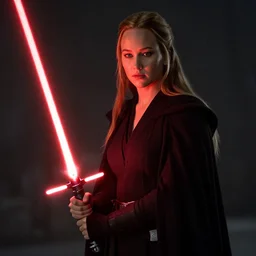 Jennifer Lawrence as a Sith, holding a red double-bladed lightsaber, film still from Star Wars: Attack of the Clones