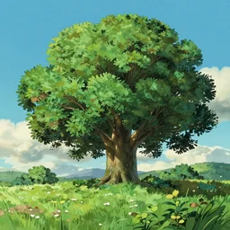 a landscape of a single tree with bushes nearby, studio ghibli, castle in the sky, animated, anime, illustrated, vibrant, by toei animation, by miyazaki, on artstation