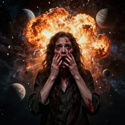 hateful awe shock, realistic brutal, in the style of ellen jewett bowater, terror, planets exploding, colliding in space
