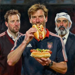 jurgen klopp holding up a hot dog eating trophy, portrait by john william waterhouse and edwin longsden long and theodore ralli and nasreddine dinet, oil on canvas. cinematic, vivid colors, hyper realism, realistic proportions, dramatic lighting, high detail 4 k