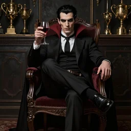 vampire with one leg crossed over the other, holding a glass of red wine in his hand, sitting sitting dramatically on a chair in a dark room with trophies along the back wall, 8 k, d & d, vampire, castlevania, in the style of john singer sargent and alphonse mucha, dramatic lighting, moody, very sharp focus, octane render, intricate detail, very highly detailed