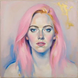 pink blue gilded ink smoke portrait of emma stone, by Jenny Saville, oil on canvas, painterly brushwork