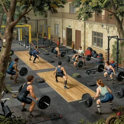 gym full of weightlifters in the style of Hieronymus Bosch