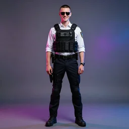 detailed character full body portrait of a skinny buzz undercut androgynous handsome federal government agent smirking sunglasses white button down shirt tactical bulletproof kevlar on smoky neon background artgerm greg rutkowski mucha