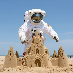 a giant astronaut as a sand castle