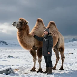 as eskimo with her arm around a camel at the north pole
