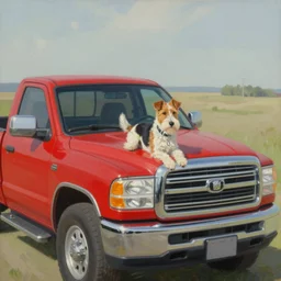 fox terrier in the bed of a red american truck, painting by edward hopper