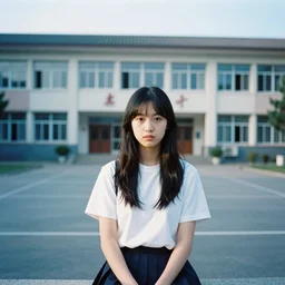 a potrait of a girl who sitdown infront of a big school, blueish, kodak 4 0 0, photorealistic style, 8 k