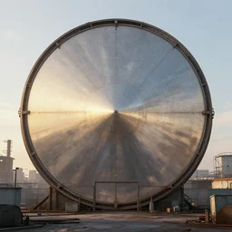 a beautiful detailed rendering of urbex industrial architecture sun disc by etel adnan, bladerunner 2 0 4 9 at dawn synthwave thermal vision anime cyberpunk darkacademia myst fisheye sleet extraterrestial lake vice city tron, archdaily, wallpaper, highly detailed, trending on artstation.