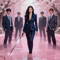lee jin - eun in tempting luxurious space slim suit emerging from pink water in cyberpunk theme by greg rutkowski, claude monet, conrad roset, takato yomamoto, james jean, rule of thirds, seductive look, beautiful, sakura flowers, tech sword, refined, masterpiece