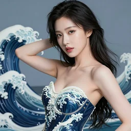 close-up portrait of a beautiful Korean Luxurious Goddess wearing an elegant futuristic tsunami outfit posing dramatically in the art style of Aivazovsky, rule of thirds, fair complexity, 4k quality