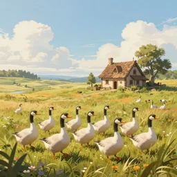 a flock of geese in a beautiful grass landscape with an small medieval peasanthouse in the background, style of midjourney, cgsociety, 8 k, cinematic, unreal engine, octane render, illustration digital animation, trending on artstation, art by wlop and greg rutkowski, rule of thirds, golden ratio, ambient lighting