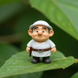 Small Qui-Gon Jinn dwarfed by a leaf, in a garden, macro photography