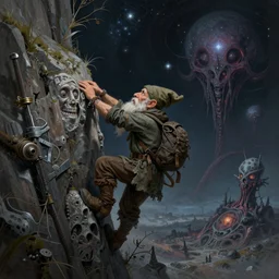 a gnome scav in tarkov, climbing a steep vertical overhang, cosmic horror painting, elegant intricate digital painting artstation concept art by mark brooks and brad kunkle extreme detail 4 k