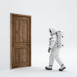 side profile of an astronaut walking towards an old wooden door in a nonexistent landscape, all white plane of existence in the middle of nothing, photorealistic, ultra detailed
